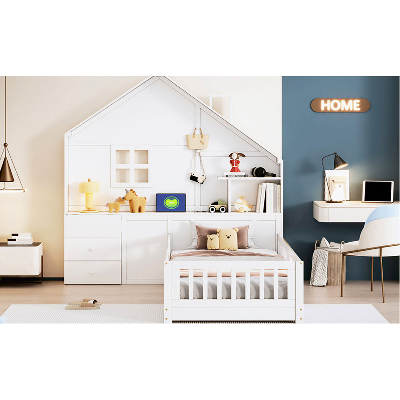 Lit simple blanc avec fenêtre, tiroirs de rangement, douilles et étagère de sortie de chevet, Lit simple