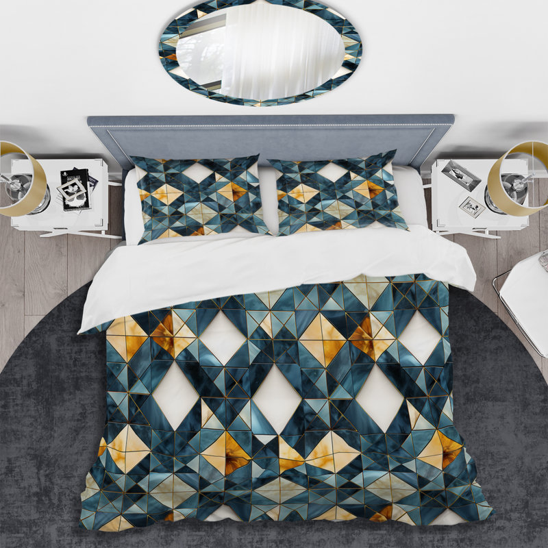Natural Tones Grey And Beige Mosaic Geometric Shapes Duvet Cover, King Duvet Cover + 2 King Shams, Marble 2