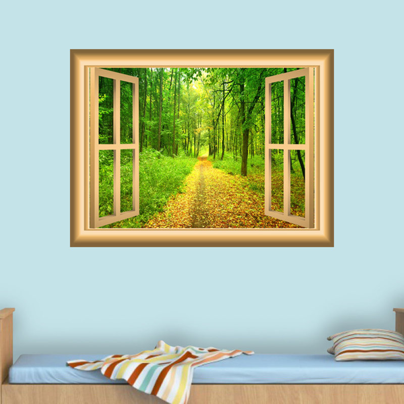 Décalcomanie murale fenêtre forêt 3d, H 28 po x l 36 po x P 0,01 po