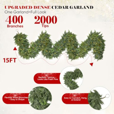 Cedar Christmas Garland with Lights, Extra Full Artificial Cedar Garland with 1200 Tips, Battery Operated Greenery Lighted Garland for Mantel Staircase Doorway Indoor Outdoor Holiday Winter Décor