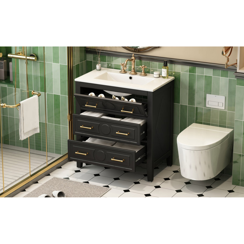 Meuble-lavabo compact en bois massif avec lavabo en céramique
