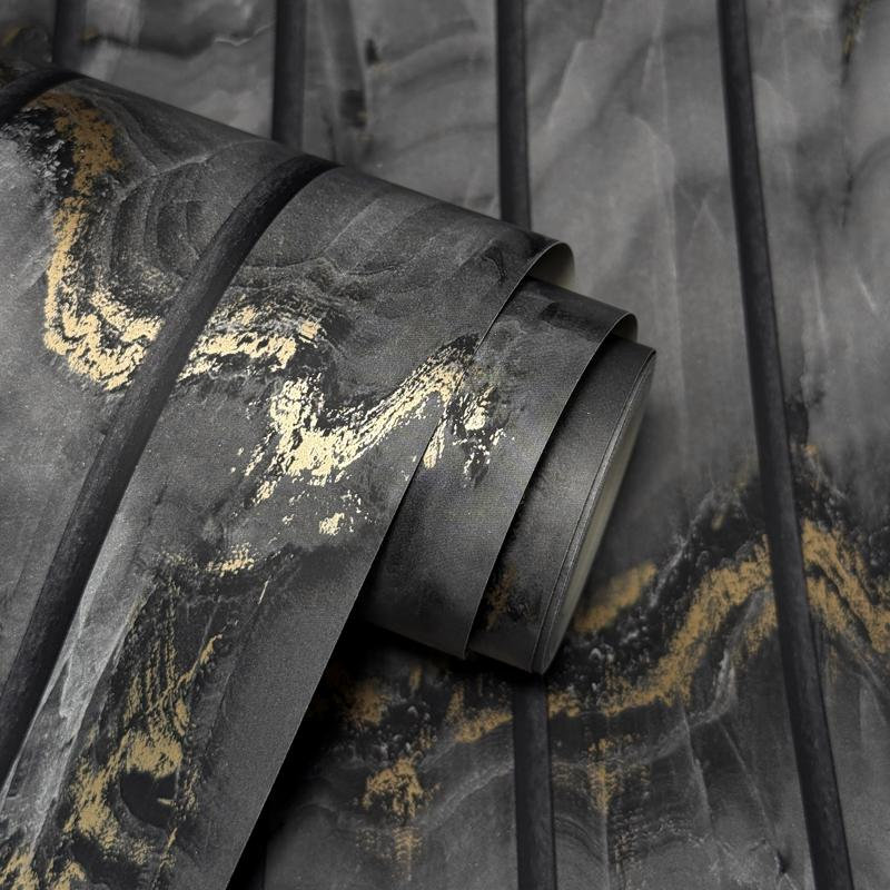 Marble Slat Panel Charcoal Luxury Wallpaper, Black