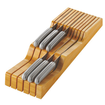Knife Drawer Organizer 16 Slot In-Drawer Knife Block Holder, Bamboo, Blade Down Safe Knife Storage, Keeps Knives Sharp, Fits Standard Kitchen Drawers, Holds Chef and Steak Knives, No Assembly
