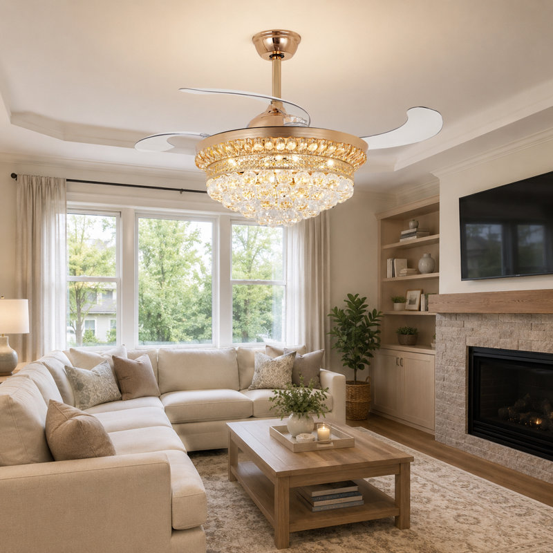 Ventilateur de plafond 42 "avec pales rétractables, lumière DEL tricolore et télécommande