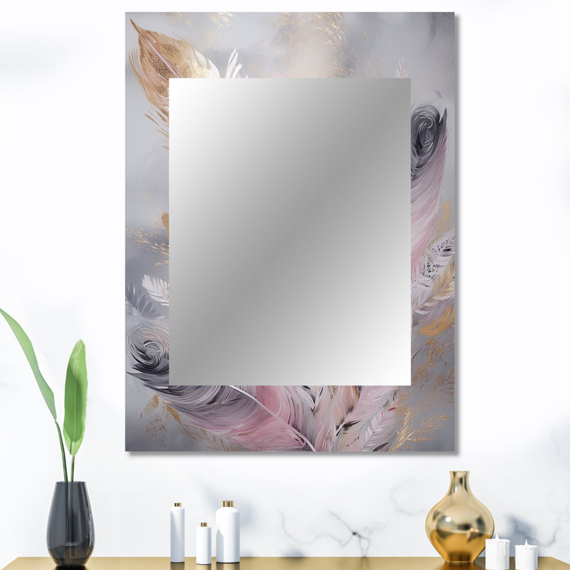 Pink Feather Wanderlust - Glam Feather Large Wall Mirror, Modern Unique Mirror, Printed Metal Art, 40" x 30"
