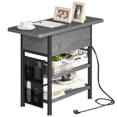End Table with Charging Station, Flip Top Nightstand with USB Ports and Outlets,Couch Side Table with Fabric Bag and Hooks, Bedside Table for Space Saving, Living Room, Bedroom (Grey)