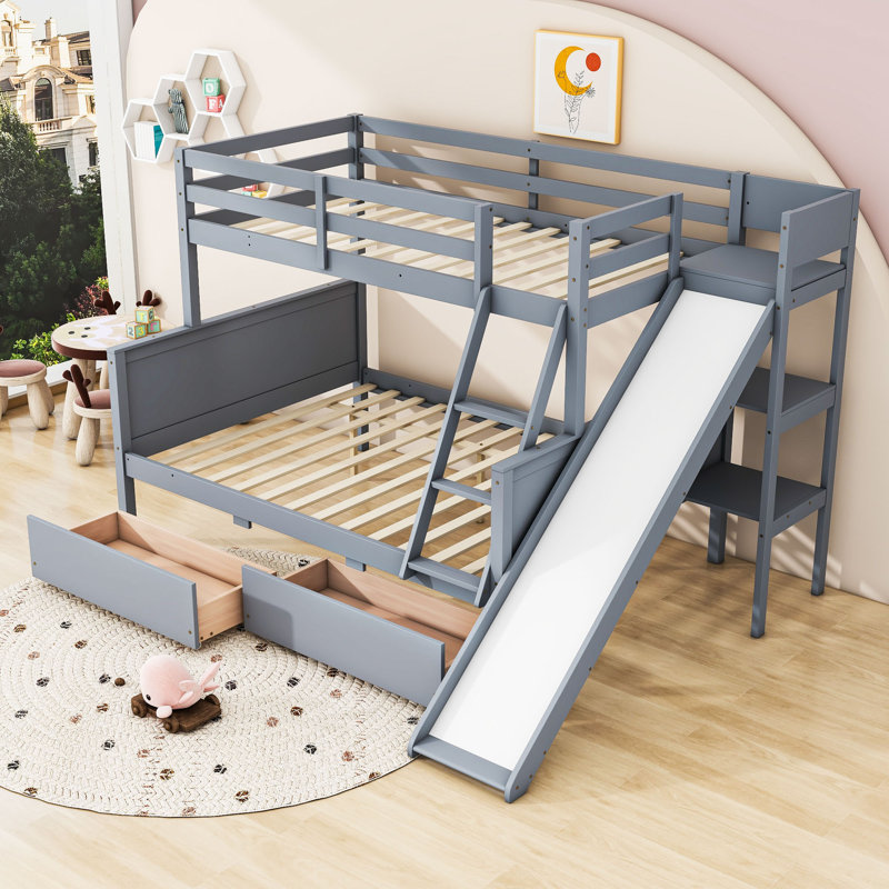 Lit superposé simple sur 2 tiroirs avec glissière et tablettes, gris