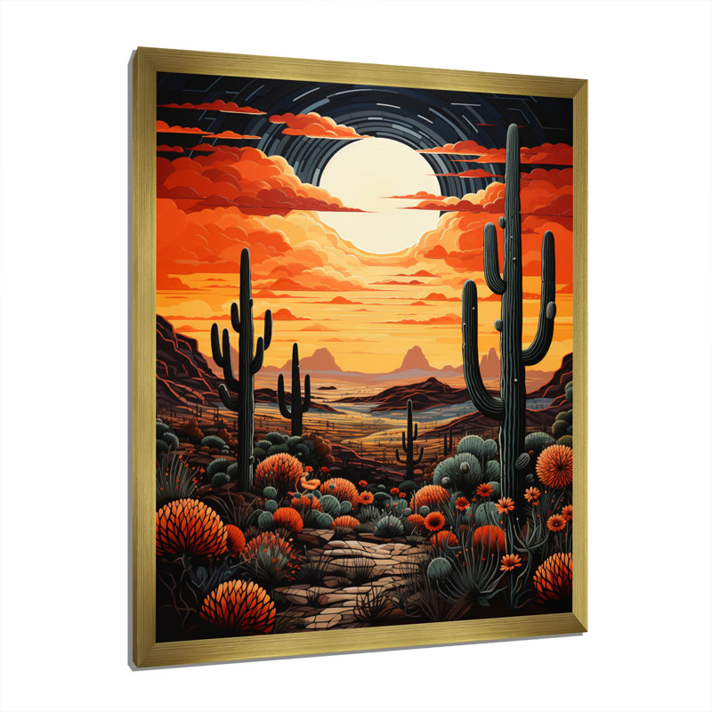 Ballyclare, orange, jaune, cactus, désert, coucher de soleil, Saguaro - Cactus, art mural encadré, Cadre doré simple