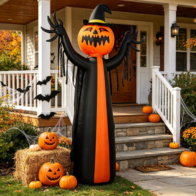 110 inch tall Halloween inflatable pumpkin headed witch ghost with wizard hat, outdoor courtyard inflatable decoration, built-in LED lights, used for lawn garden Halloween party decoration