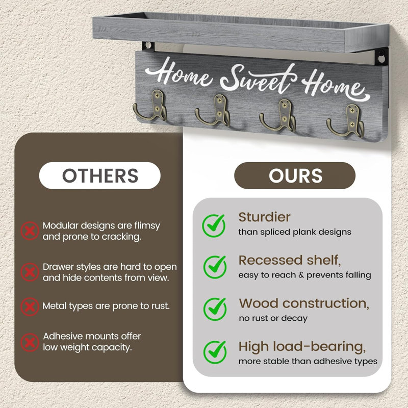 Key Holder Wall Mount with 4 Double Hooks-Solid Wood Wall-Mounted Organizer for Keys&Mail Rustic Key Rack Hanger Holder Home Decor for Entryway Living Room (Gray)