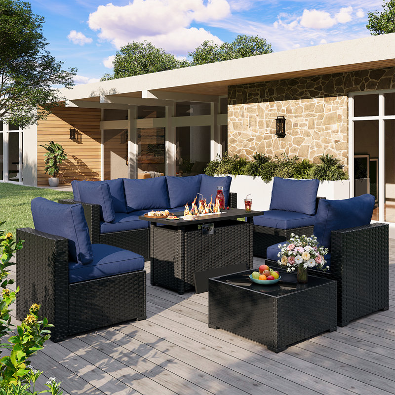 8 Pieces Patio Furniture Set With 44" Propane Gas Fire Pit Table, Conversation Set For Garden, Patio, Backyard, Blue