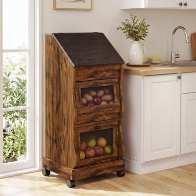 Potato and Onion Storage Cabinet with Wheels, 3-Tier Vegetable and Fruit Organizer with Mesh Doors and Drawer, Kitchen Pantry Storage Bin & Basket Storage, Brown