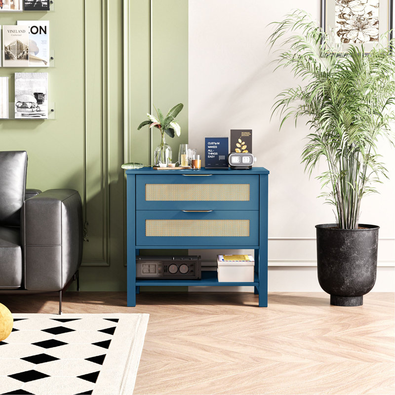 Table de chevet étroite en rotin avec 2 tiroirs et tablette de rangement Boho, Turquoise