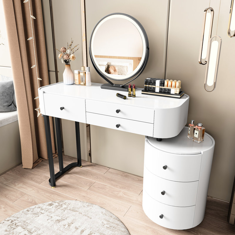 Modern Dressing Table With Detachable Mirror, Triple - Color Lighting For Clear Visibility, Three Drawer Storage On Main And Side, Reversible Side Bedroom, Adjustable To Bedroom Layout, White
