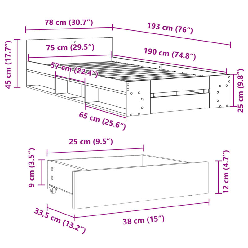 Obyrne Bed, Smoked Oak, 75 x 190cm