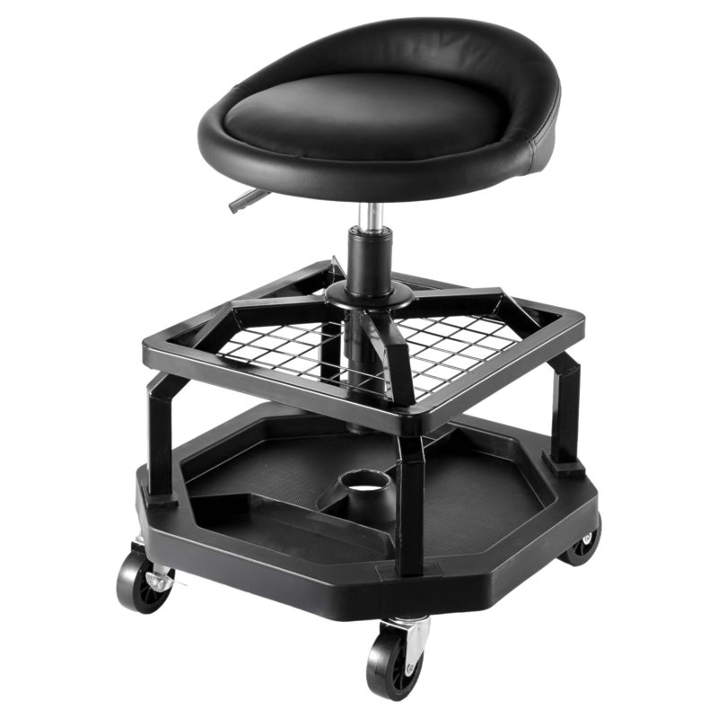Adjustable Height Rolling Shop Stool With Dual Trays And 300 Lbs Load Capacity, Perfect For Garage And Workshop Use