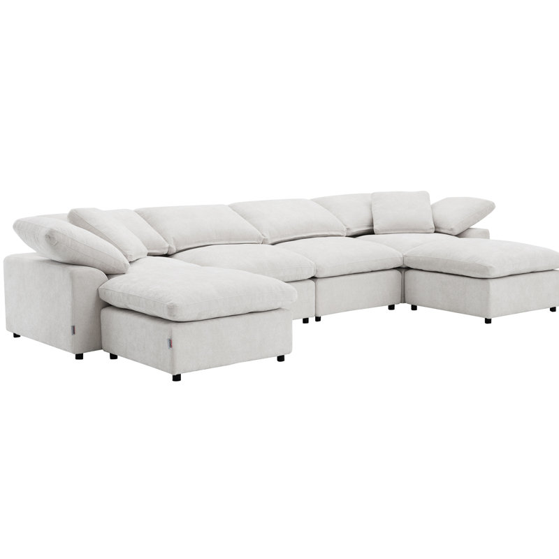 Canapé modulaire en lin ivoire avec repose-pieds 6 pièces Naveen