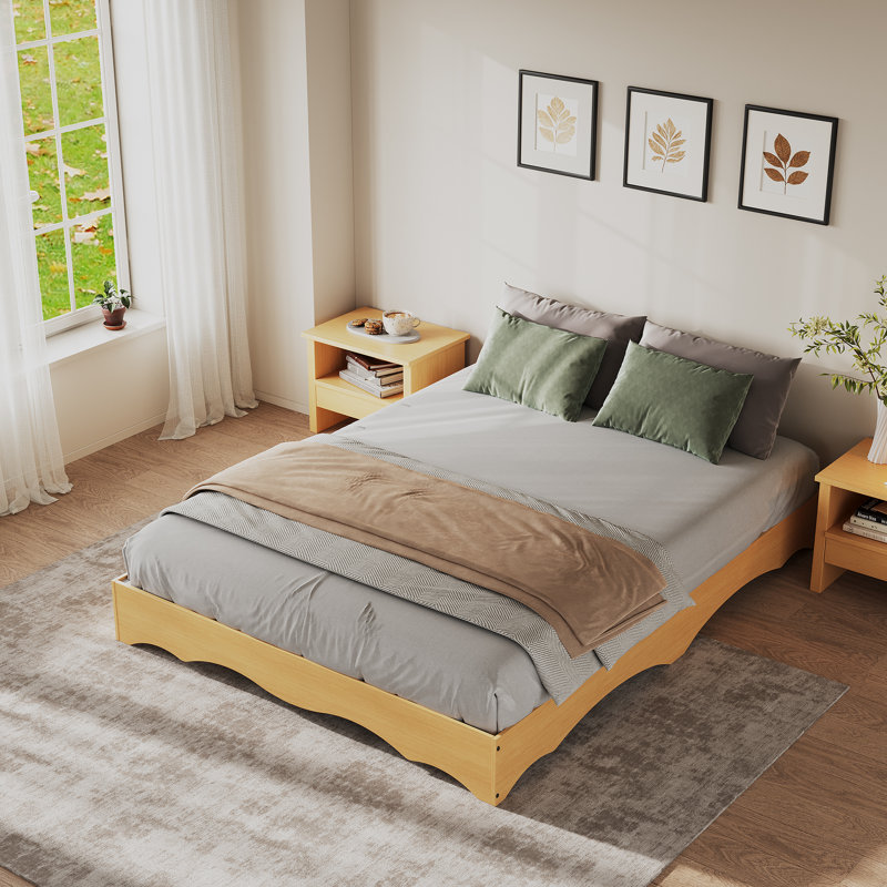 Base de lit plateforme en bois Minimalist Wave Design - profil bas, lattes en bois robustes, sans bruit, aucun sommier requis, assemblage facile, grand lit, pin