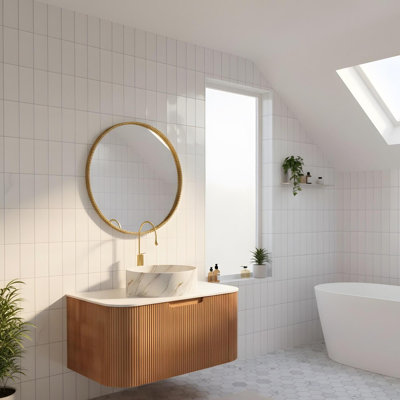 30" Wall Mounted Floating Bathroom Vanity with Stone Pattern Round Ceramic Basin and a Drawer