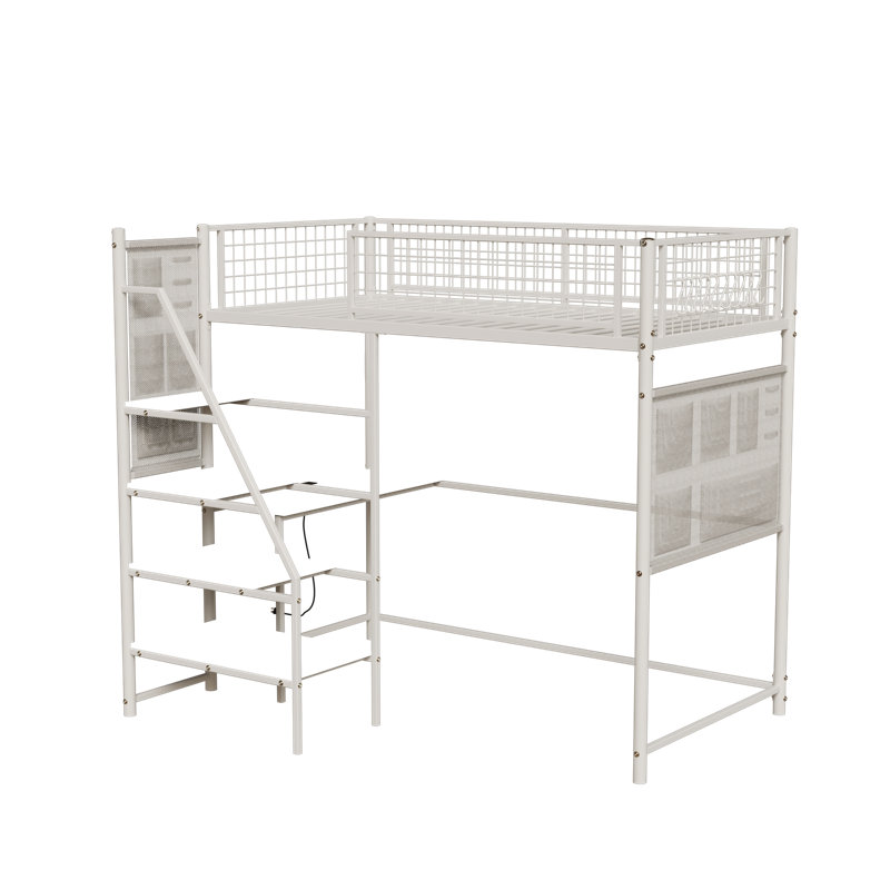 Lit mezzanine en métal de taille avec pour chambre à coucher et dortoir, avec station de charge intégrée et éclairage DEL