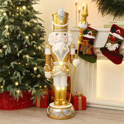 Soldat casse-noisette argenté et doré 4 pi avec sceptre, décoration de Noël