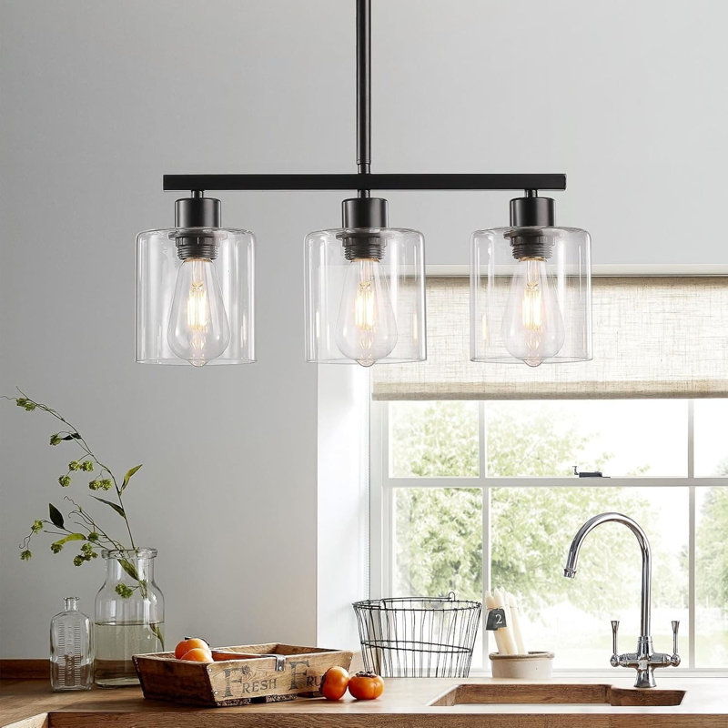 Luminaire suspendu 3 lumières pour îlot de cuisine et salle à manger, style campagne moderne avec abat-jour en verre transparent, hauteur réglable, base E26 compatible avec les ampoules à intensité variable