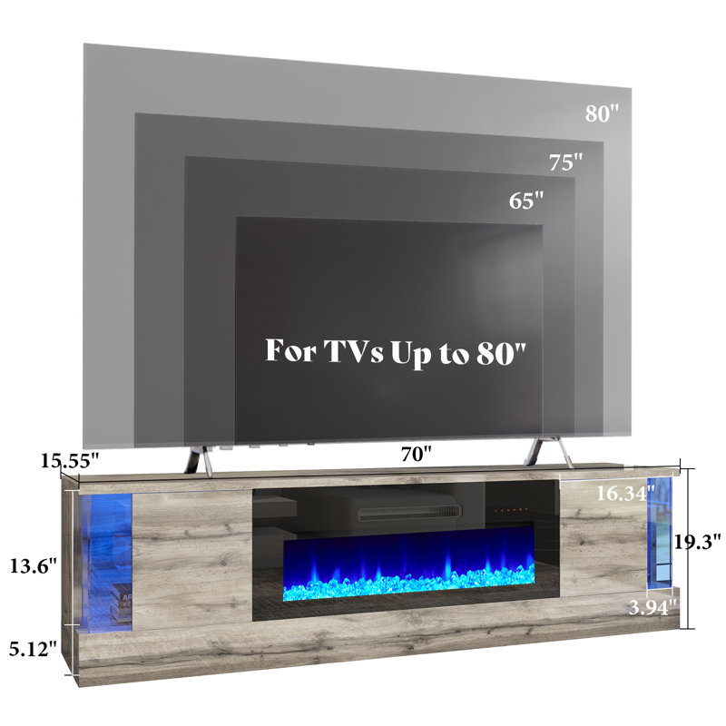 Meuble télé 70 po avec foyer Bhhatu, Gris / Noir, H 19,3 po x L 70 po x l 15,55 po