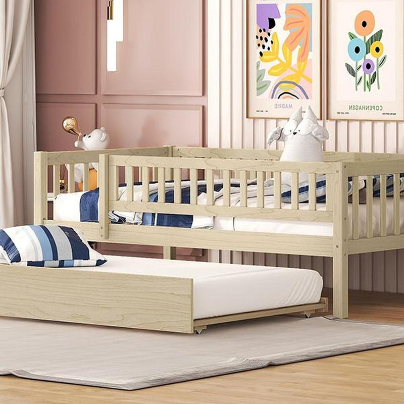 Lit de jour simple en bois avec couchette et garde-corps, naturel, Naturel