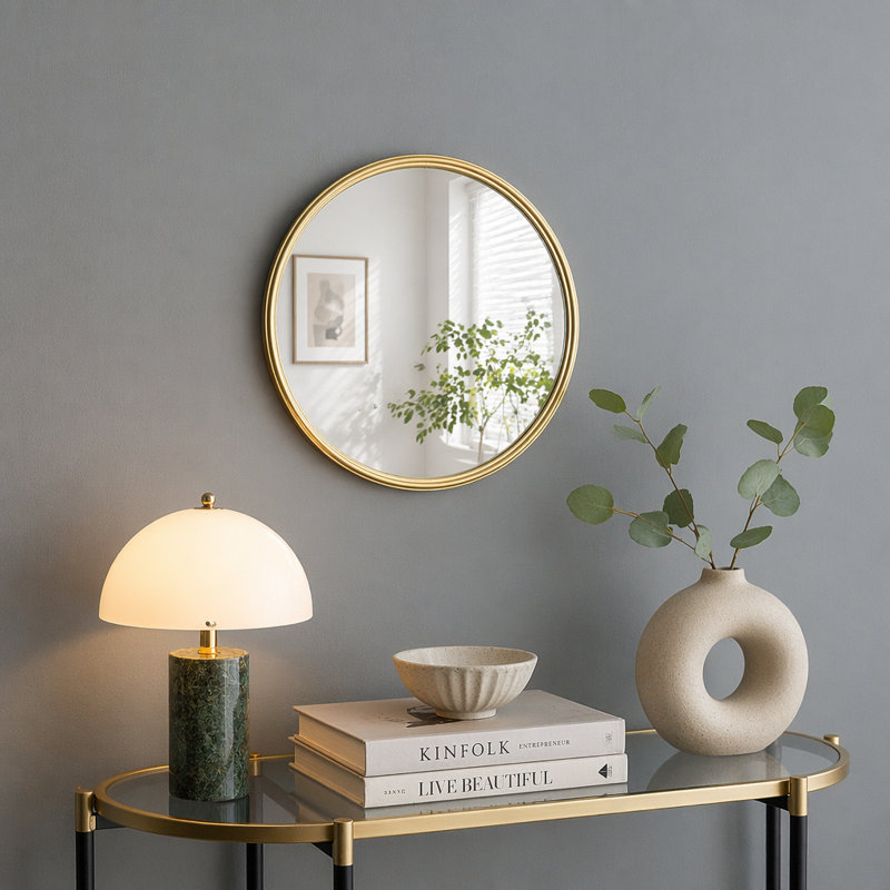 Gold Round Mirror, 15"W