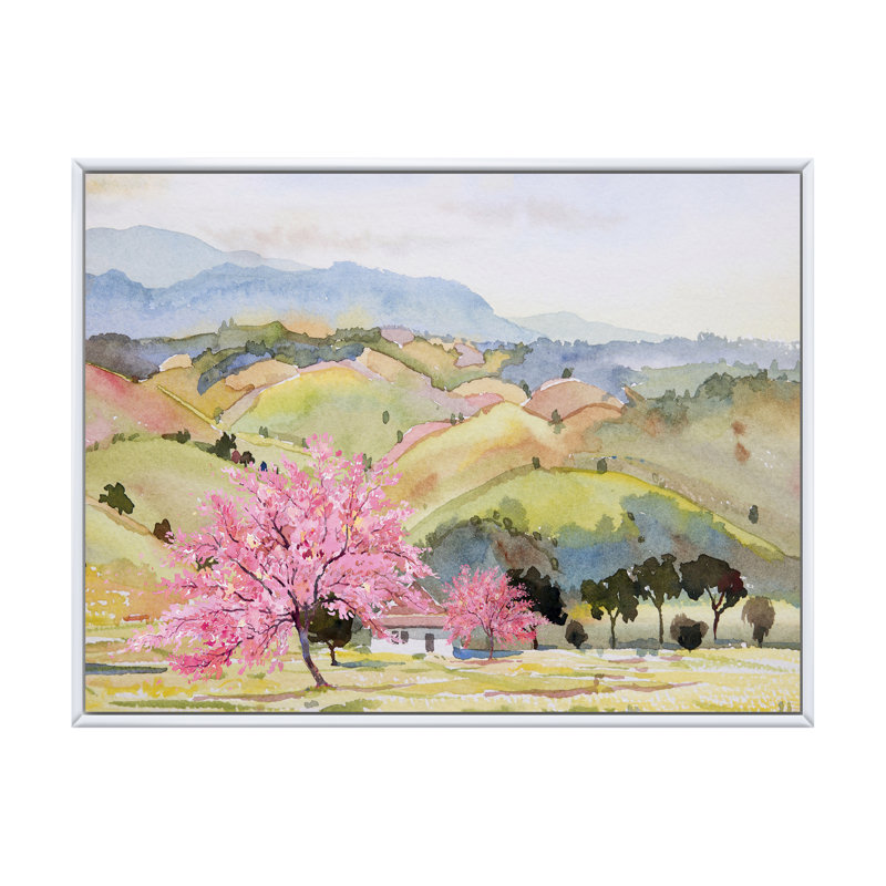 «Pink Mountain Tree in Autumn Landscape», peinture sur toile, L 20 po x H 12 po, Cadre flottant blanc