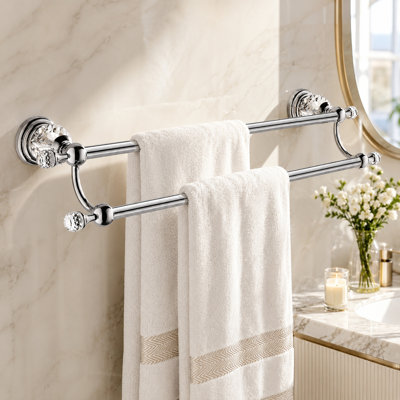 Crystal Double Towel Bar for Bathroom, Adjustable Wall Mounted Towel Rack 18.66"–30.51", Brushed Silver Finish, Luxury Double Towel Holder with Decorative Crystal Accents