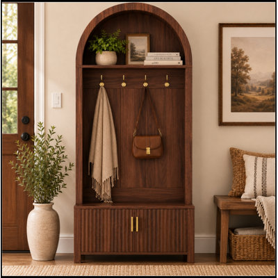 Tisdall arqué avec banc, rangement pour chaussures, 4 crochets en métal et 2 portes cannelées