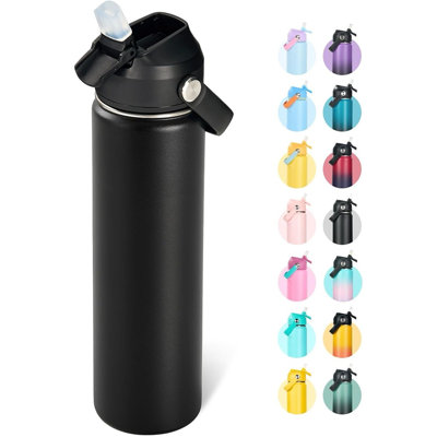 Bouteille isotherme en acier inoxydable de 24 oz - Bouteille à double paroi avec paille en silicone, résistant à la sueur et aux fuites, bouteille de voyage sans BPA, garde les boissons froides 24 heures et chaude 12 heures, noir