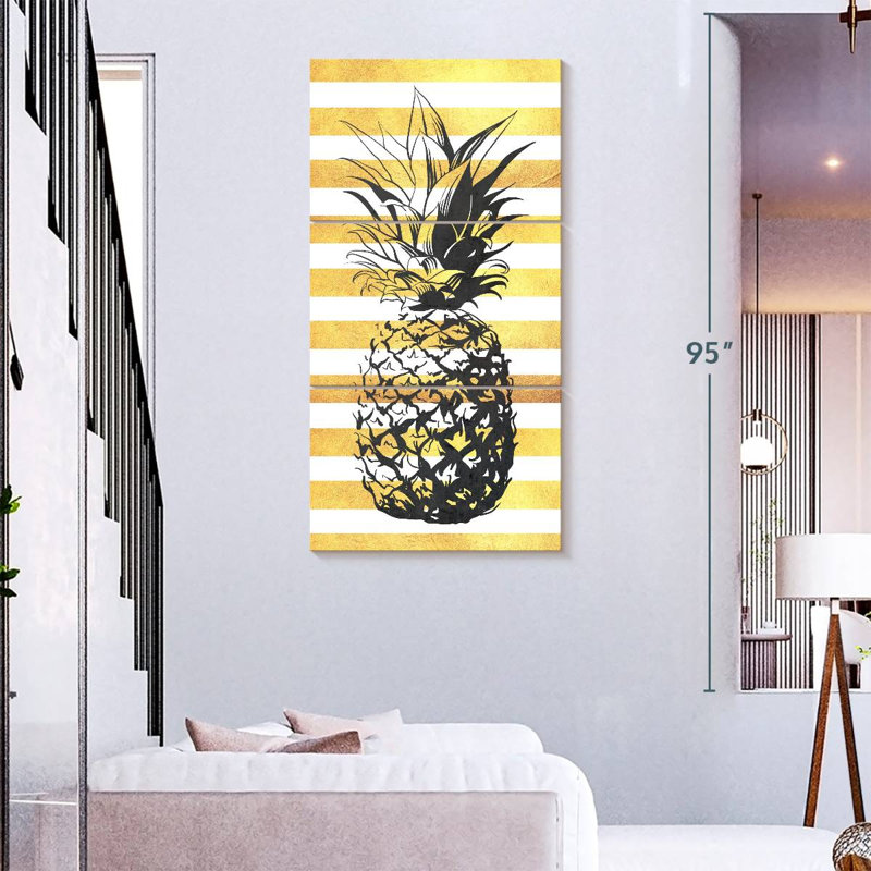 Ananas à rayures dorées 3 pièces, H 75 po x l 36 po x P 1,25 po