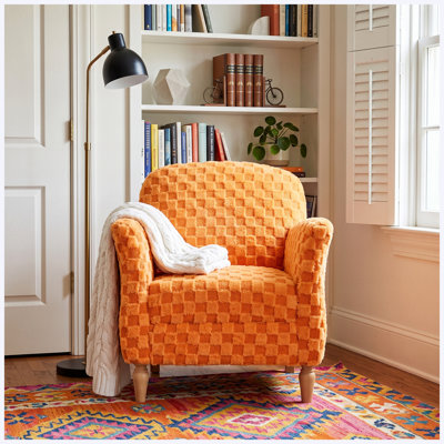 Checkered Corduroy Accent Armchair, Plush Checkerboard Upholstered Single Sofa Chair with Solid Wood Legs, Comfort Upholstered Side Chair for Living Room and Bedroom