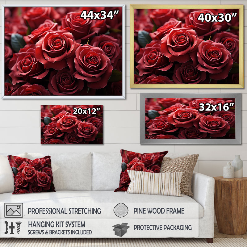 «Crimson Rose Passion I», reproduction sur toile, Cadre doré simple, H 12 po x l 20 po x P 1 po