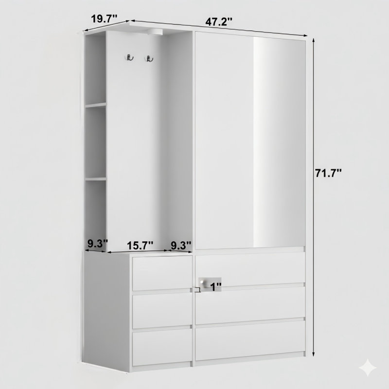 Armoire de rangement pour vêtements mesurant 71,7 po de hauteur, armoire à vêtements en bois pour dormir avec 2 panneaux et 6 compartiments de rangement, combinaison de rangement de vêtements moderne avec étagère et tringle à vêtements, finition blanche