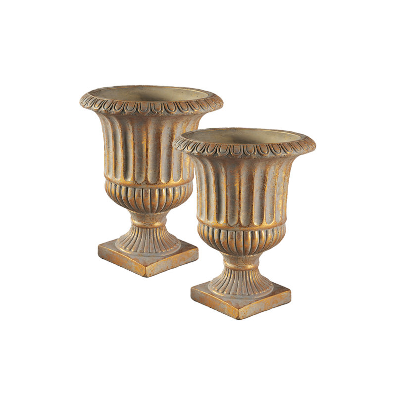  Antique Gold Ribbed Cement Urn Vase, European Style Decorative Flower Pot For Classic Or Rustic Home Décor, 10" Diameter & 12.3" Tall, Pack Of 2
