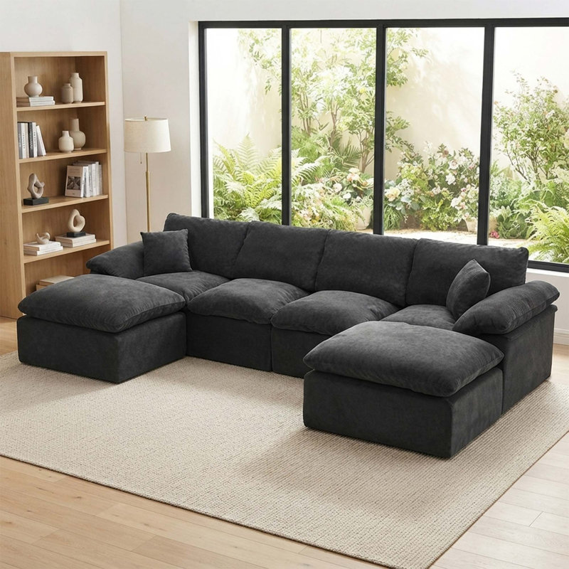 Upholstered Chenille Sectional with Ottoman, Chenille noir, 23.3" H x 130" W x 66.8" D, Symétrique