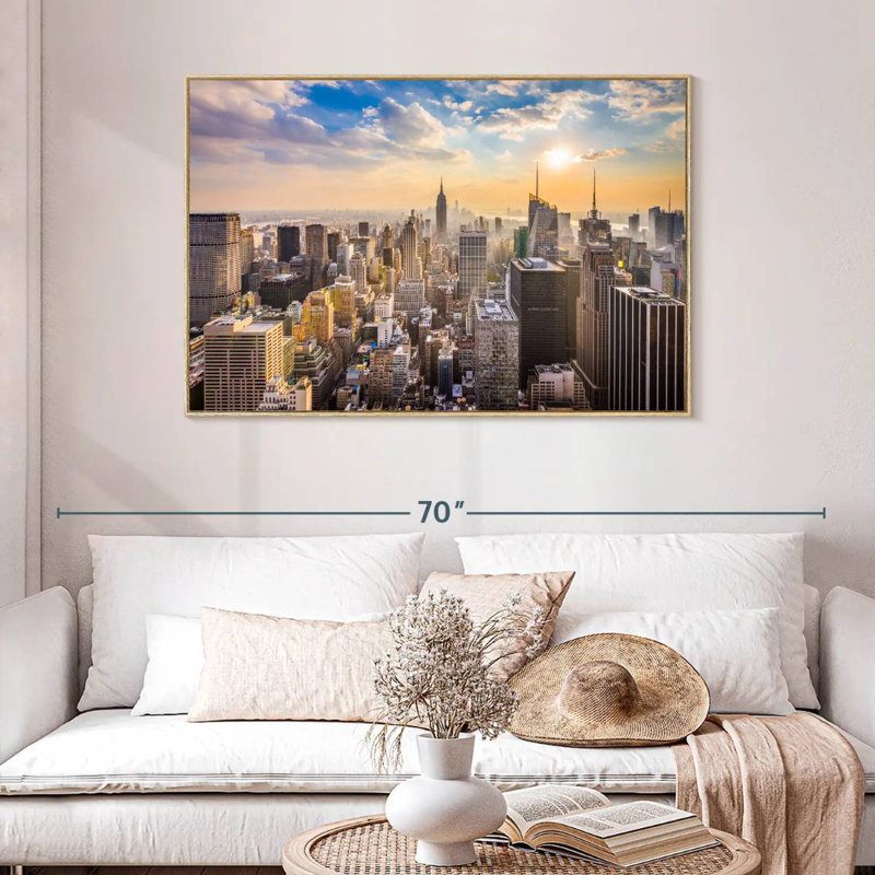 New York Riva au lever du soleil, Cadre flottant en bois naturel, 46 po x 31 po
