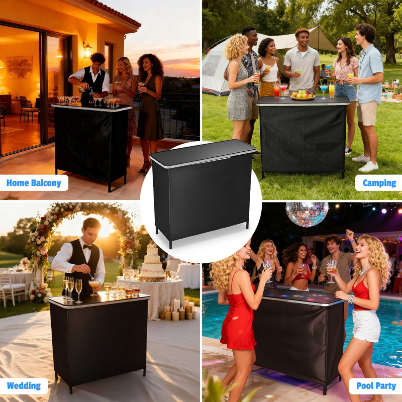 InstaHibit EZ GO Table de bar portative en aluminium Shimmer Decor avec sac de transport Jupe noire pour mariage