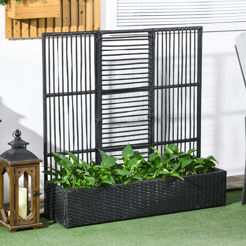 Jardinière en rotin avec treillis, lit de jardin surélevé, brun sable, Noir