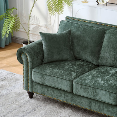 Canapé moderne 63 pouces à 2 places avec accoudoirs roulés, canapé rembourré en chenille avec pieds en bois et garniture cloutée pour salon, appartement, vert