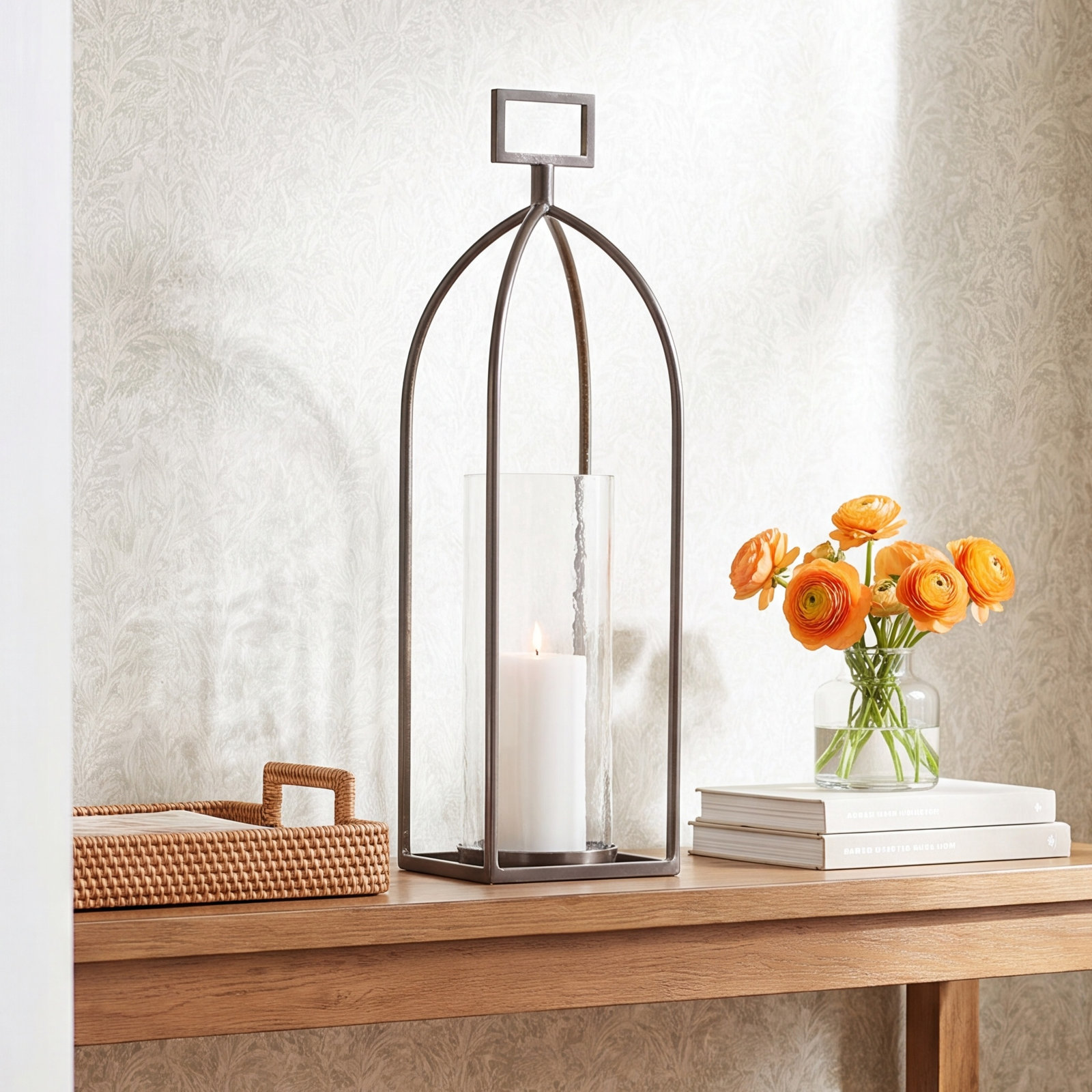 Cole And Grey Metal Open Frame Candle Lantern With Rectangle Handles, 20.2" H x 6" W x 5.95" D