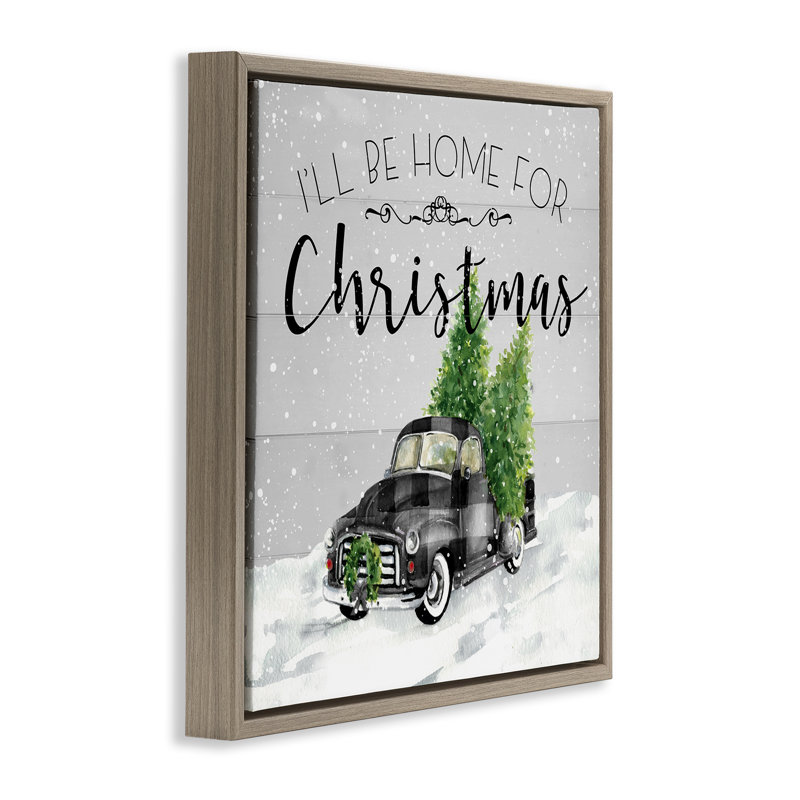 «Plaid Truck Christmas phrase», art mural sur toile par Carol Robinson, Cadre flottant orme Montalcino, H 18 po x l 18 po