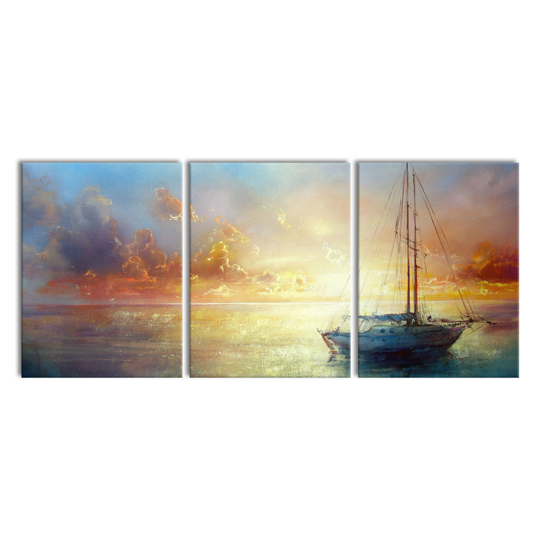 Beautiful Painting of a Boat Graphic 3 Piece Photographic Print on Canvas Set