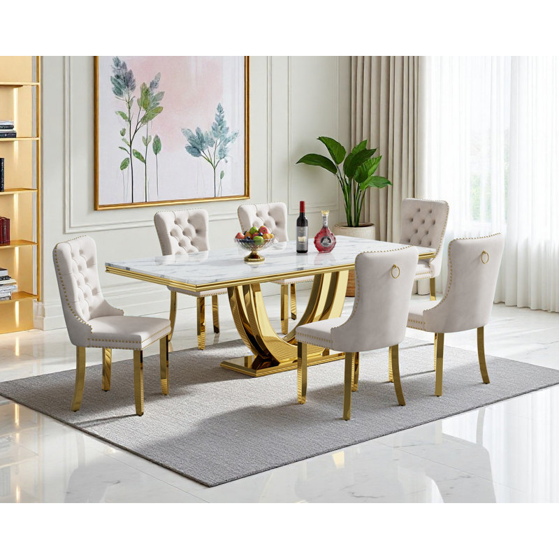 Luxury Marble Dining Table Set for , 68" Dining Room Table with Dining Chairs, White Dining Table with Faux Marble Top & Stainless Steel Pedestal, Large Dining Table and Chairs Set for Home Furniture