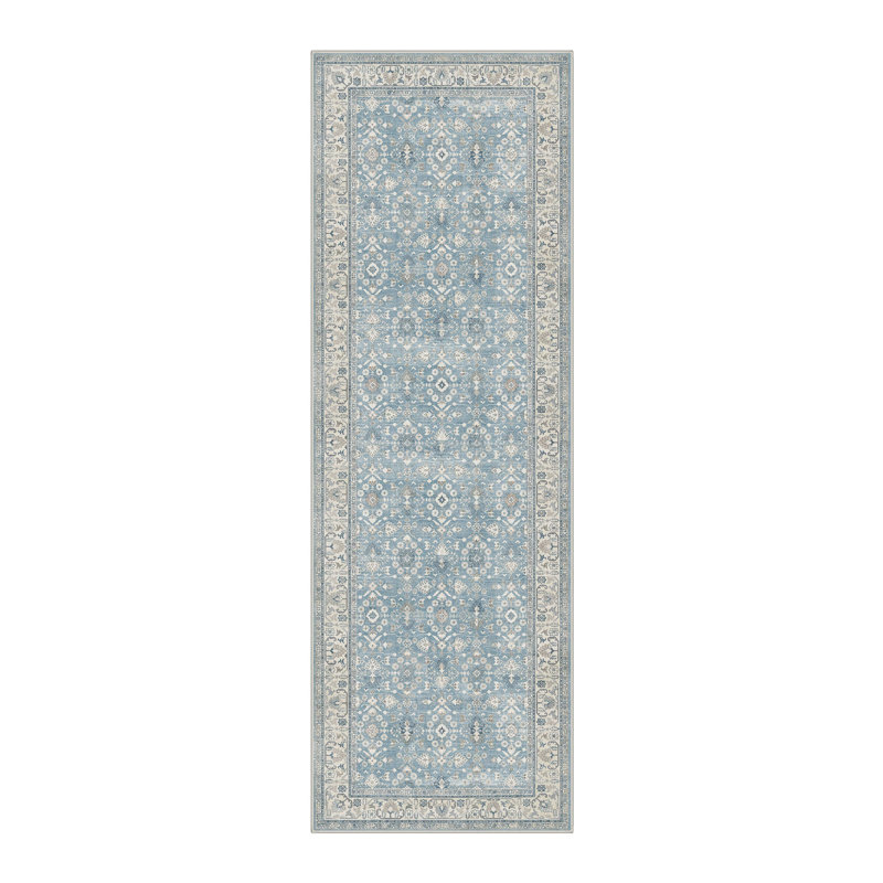 Roehit Vintage Distressed Medallion Machine Washable Blue / Beige Indoor Area Rug with Non-Slip Backing, Runner 2' x 6'