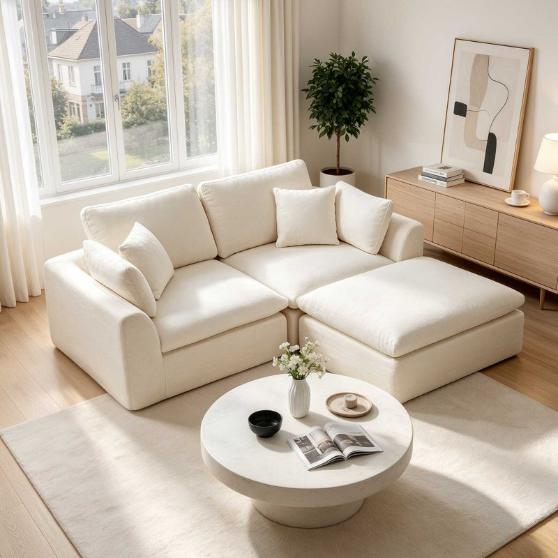Canapé nuage en chenille avec pouf, canapé modulable nuage à double accoudoirs 2 places, idéal pour le salon ou l'appartement.