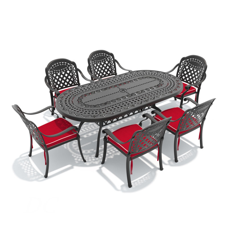 Ensemble de 7 pièces de mobilier de patio en aluminium coulé avec coussins rouges